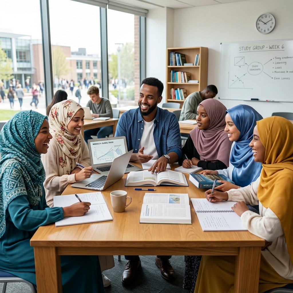 African students learning with modest Islamic tutor